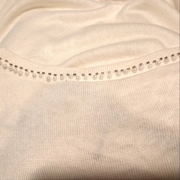 Vintage Short Sleeve Sweater, Women, Beadede Floral, Drop Chains, Ivory/Pink, S - Picture 6 of 7